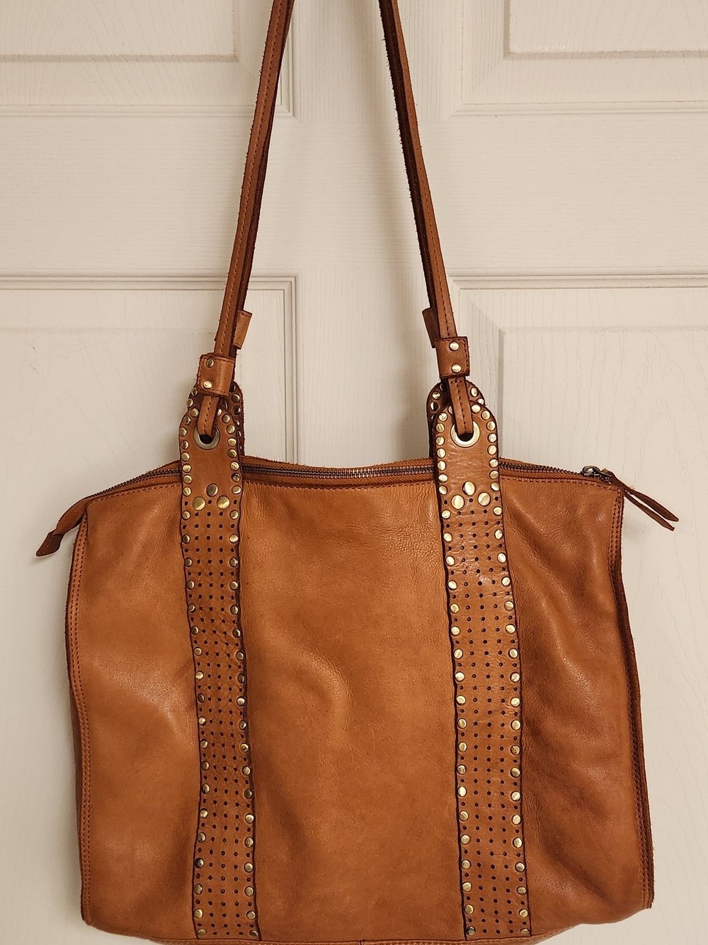 Stud-Trim Tan Leather Tote Bag